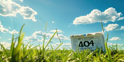green grass, blue sky, newspaper on lawn, "404" text headline