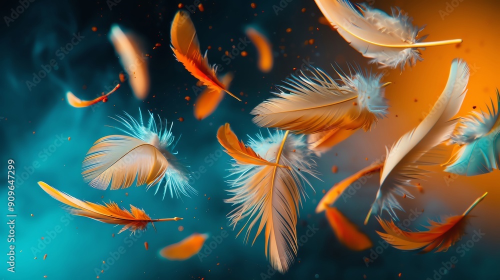 Poster colorful feathers gracefully float in an artistic display against a vibrant background, creating a s