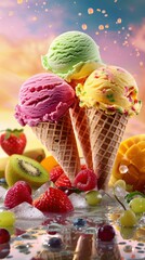 A delightful photo captures 3 ice cream cones in an array of vibrant colors and flavors with generative ai