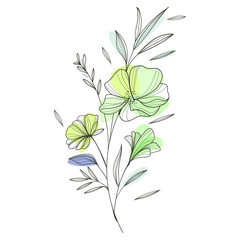 Flat design of linear leaves and flowers illustration on white