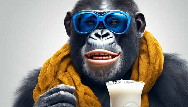 Tierisches Model. Affe mit Milchshake.
Grafik f&uuml;r soziale Medien, Logo, Icon u. s. w.