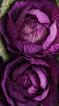 Close-up of two purple cabbages with green leaves, macro detailing. Fresh vegetable and organic produce concept