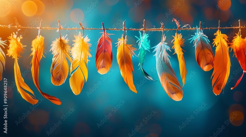 Poster colorful feathers hanging on a line, creating a vibrant and artistic display against a soft, blurred