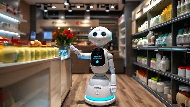 A humanoid robot greets customers inside a pharmacy, showcasing its assistance alongside neatly arranged shelves of products
