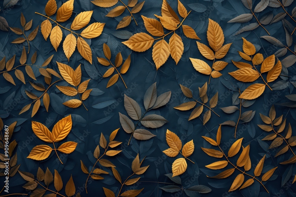 Poster a blue background with gold leaves scattered across it. the leaves are of different sizes and colors