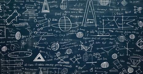A chalkboard with a lot of math equations and diagrams. Scene is that of a classroom or a study space