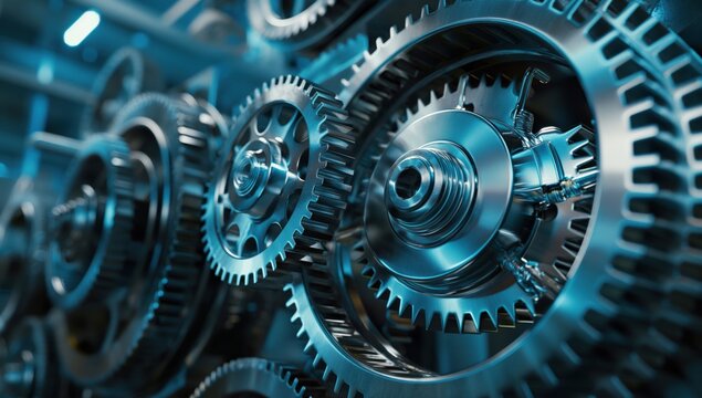 A close up of a set of gears with a metallic blue color. The gears are all different sizes and are arranged in a circular pattern. Concept of precision and complexity