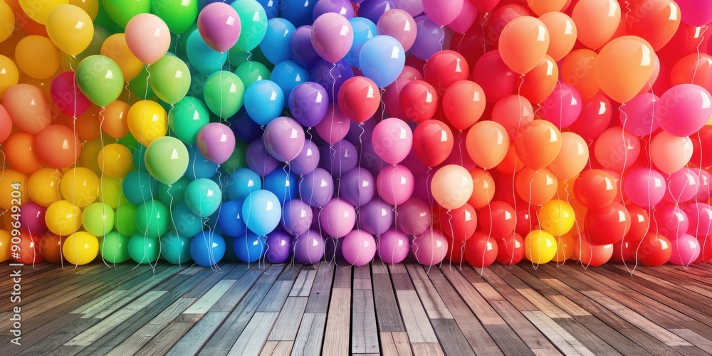 Poster a colorful display of balloons is arranged in a room with a wooden floor. the balloons are of variou