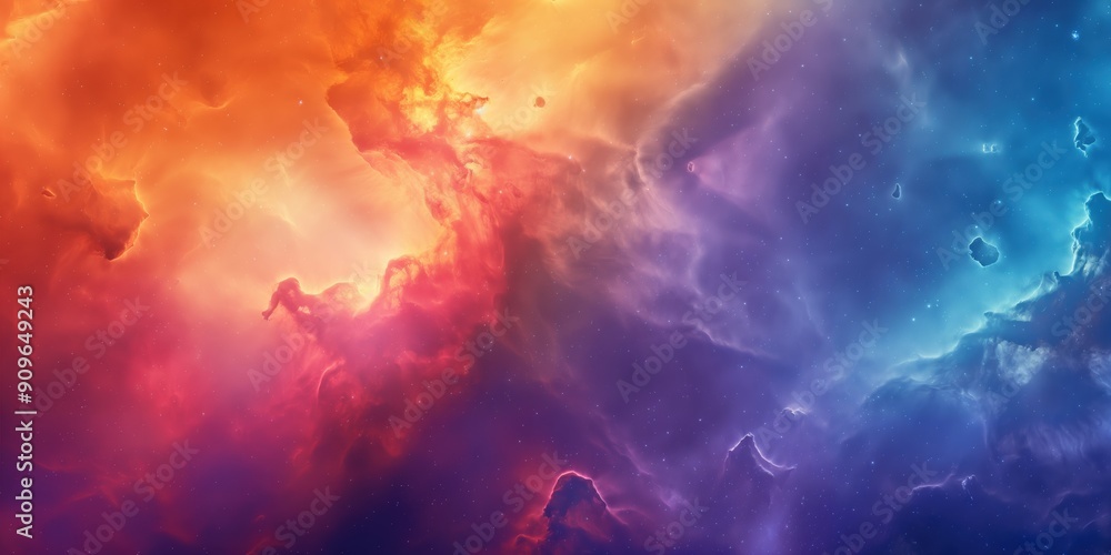 Poster a colorful space background with a red and orange cloud in the middle. the background is filled with