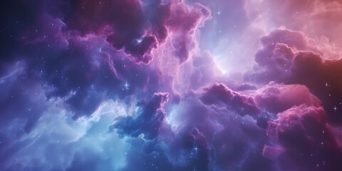 A colorful space scene with purple clouds and stars