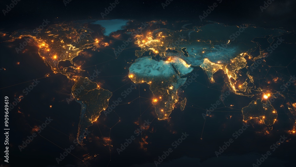 Poster a globe with the lights on in the middle of it. the globe is lit up with a blue light