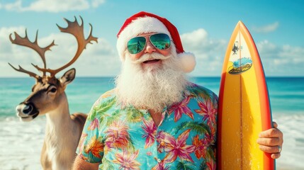 Santa Claus, wearing a tropical shirt and sunglasses, stands on a sunny beach with a surfboard and a reindeer, blending Christmas and summer vibes.