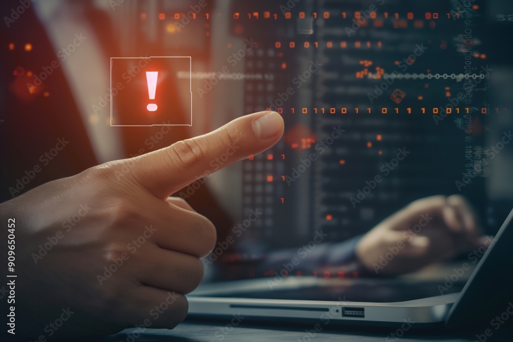 Poster a person is pointing at a red button on a computer screen