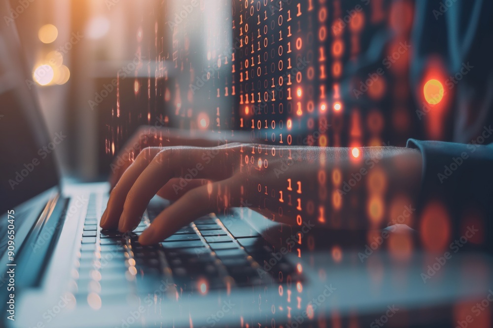 Aufkleber A person is typing on a laptop with a keyboard. The image is a representation of binary code, with the person's hand typing on the keyboard