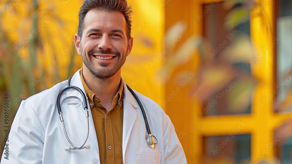 Sticker A cheerful yellow backdrop with a self-assured doctor holding a tablet and grinning while wearing a white coat and stethoscope.