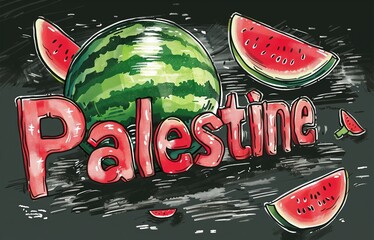 A simple colorful watercolor illustration of the word "Palestine". Slices of watermelon. Solidarity with Gaza and Palestinian resistance. Middle East. Doodle