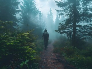 Obraz premium Hiking through the Misty Forest Solitary Silhouette Adventure amid the Natural Wilderness