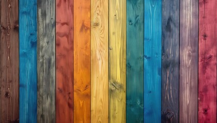 A row of wooden boards with different colors, including blue, yellow, and red. The colors are arranged in a rainbow pattern