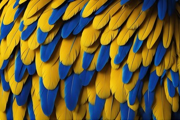 Fototapeta premium yellow brazil blue bird close exotic lagoa fferent macaw feathers mato background araras natural beautiful grosso textured colors layer feather plumage texture pattern design abstract many-coloured