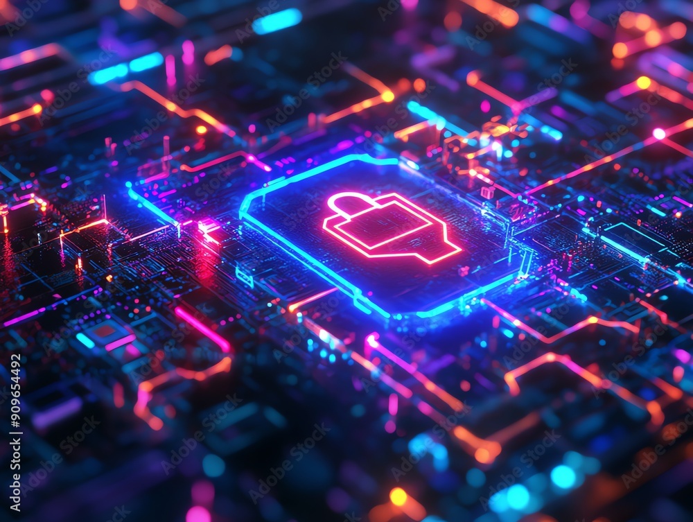Poster abstract circuit board with neon lock symbol.