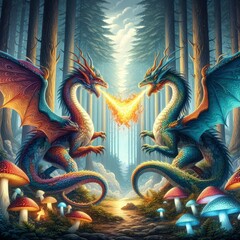Fototapeta premium two dragons dragon breathes fire in the forest