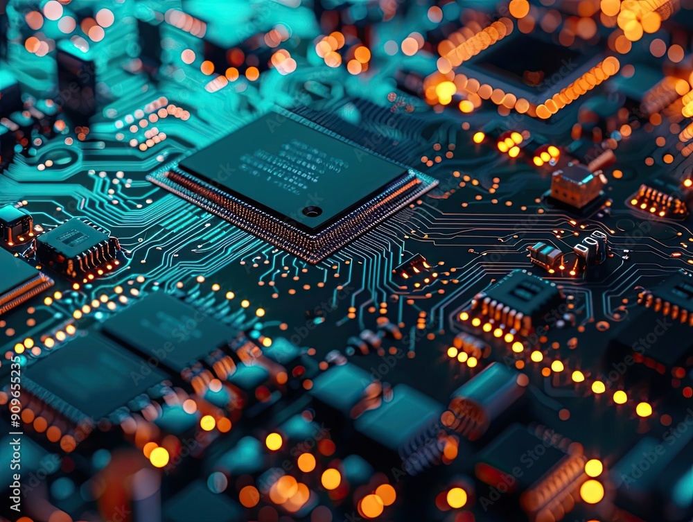 Poster close-up of a circuit board with a central processor chip