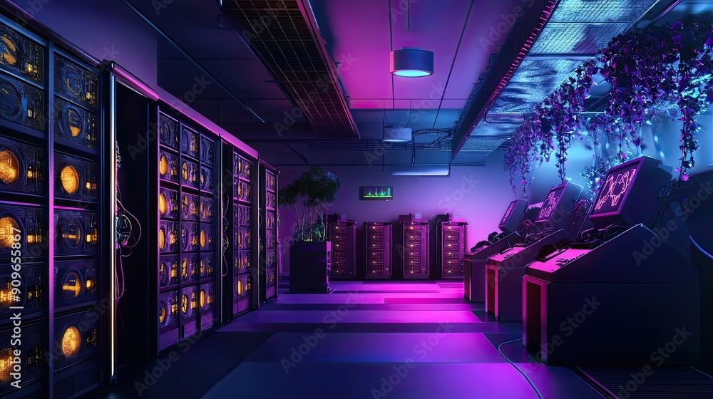Aufkleber neon-lit server room with vines and retro computers