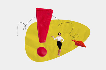 Composite collage image picture of mini girl show big exclamation mark paper plane isolated on...