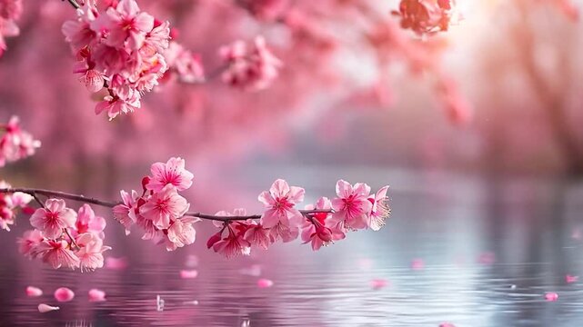 Delicate pink cherry blossoms hang over a calm river, reflecting their beauty as the sun rises in the early spring morning