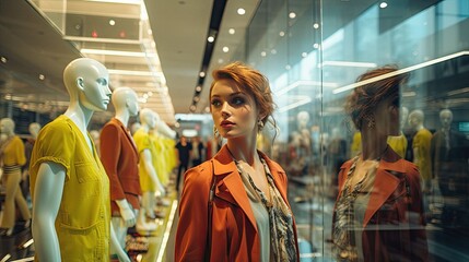 Obraz premium Woman shopping at a department store with mannequins and clothing on display