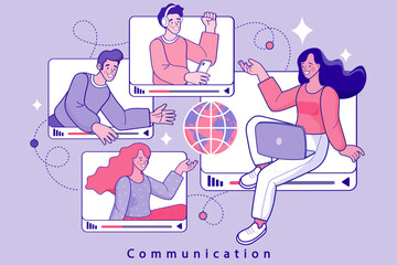 Woman sitting on video player interface hosting online webinar. Global team meeting concept with colleagues on screens and world globe. Digital communication banner.