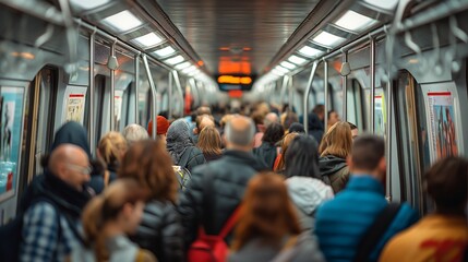 Trains filled with people going to work in the morning or leaving work in the evening during rush hour.