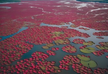 There paths large Nakhon sightseeing boat Swamp Sawan leaf Boraphet filled Aerial shot red flower created lotus Thailand Background Water Travel Nature Landscape Green Blue Plant T