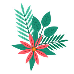 Tropical flower and leaf illustration, Beautiful tropical flower