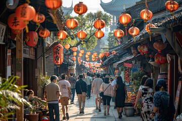 Naklejka premium Chinese new year lanterns in chinatown. Eastern traditions