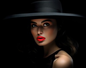 Woman with make-up and red lipstick wearing a black hat fashion portrait