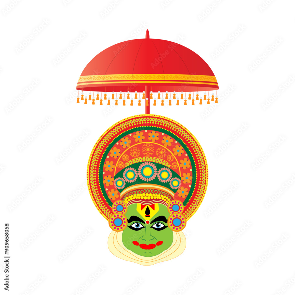 Wall mural vector illustration of onam kathakali face with umbrella on transparent background