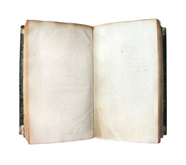 Old book with blank pages. Vintage opened book with empty page. Object isolated on white background. Mock up template. Copy space for text
