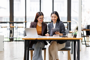 Banking business, finance and investment concept. Business asian women analyzing market data, financial graph report, economic growth, business strategy, planning and solution, risk management