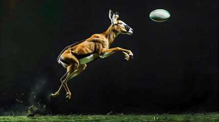 Energetic springbok antelope chasing a rugby ball on a dark black background showcasing the animal s speed agility and athletic prowess in an action filled sports scene