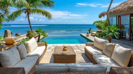 Obraz premium Luxurious Modern Villa with Infinity Pool Overlooking Tropical Ocean