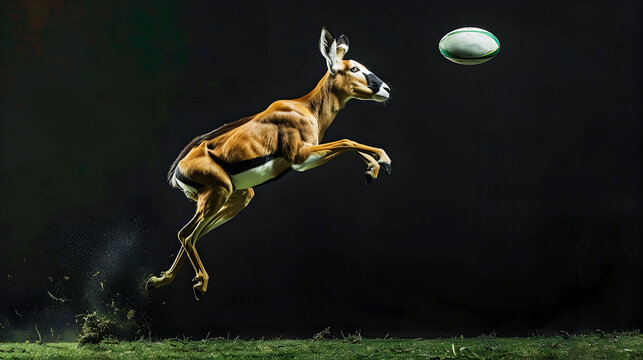Energetic springbok antelope chasing a rugby ball on a dark black background showcasing the animal s speed agility and athletic prowess in an action filled sports scene - Powered by Adobe