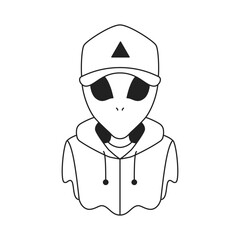 Y2k comic alien in cap and hoodie portrait psychedelic outline icon vector flat illustration