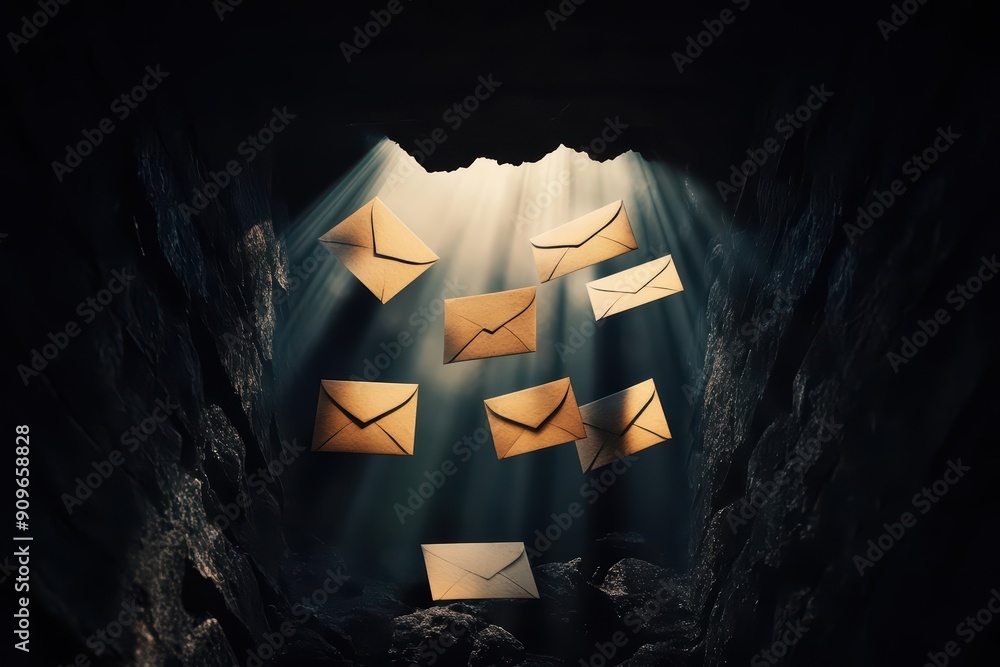 Aufkleber a captivating scene of falling envelopes illuminated by beams of light, creating a mysterious and dr