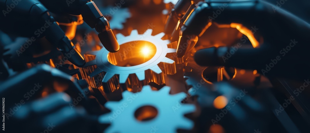 Aufkleber a close-up of robotic hands manipulating gears, showcasing advanced technology and teamwork in a dyn