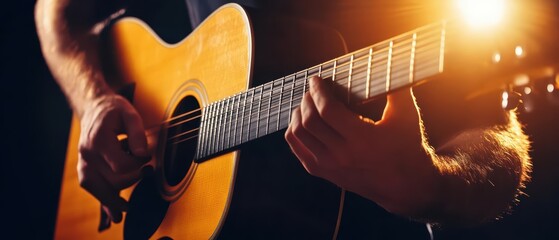 Obraz premium A close-up view of a musician playing an acoustic guitar, capturing the essence of music and creativity in a warm light.