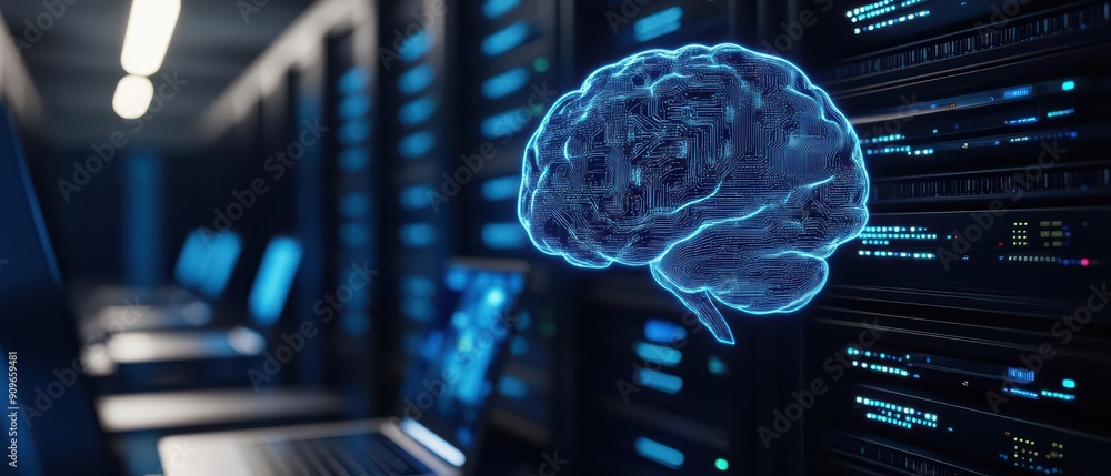 Poster a digital brain representing artificial intelligence in a modern server room, symbolizing technology