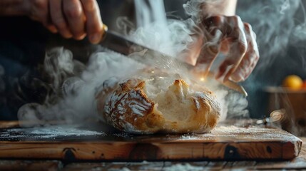 process of bread-making with emphasis on the golden crust, steam rising, artisanal details, rustic charm . Cottagecore. Slow Life