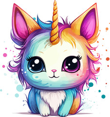 Watercolor Cute Kawaii Unicorn Vector Illustration.