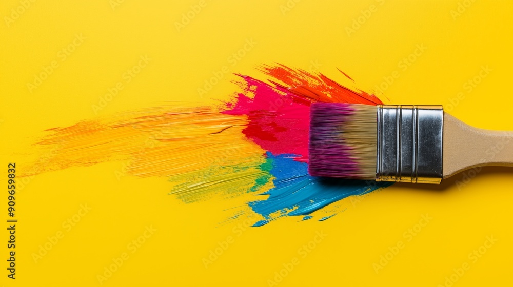 Poster a paintbrush with a rainbow of colors on it is on a yellow background. the brush is in the middle of